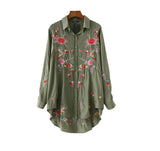 Sweet floral embroidery long shirts Army green long sleeve turn-down collar blouse