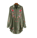 Sweet floral embroidery long shirts Army green long sleeve turn-down collar blouse