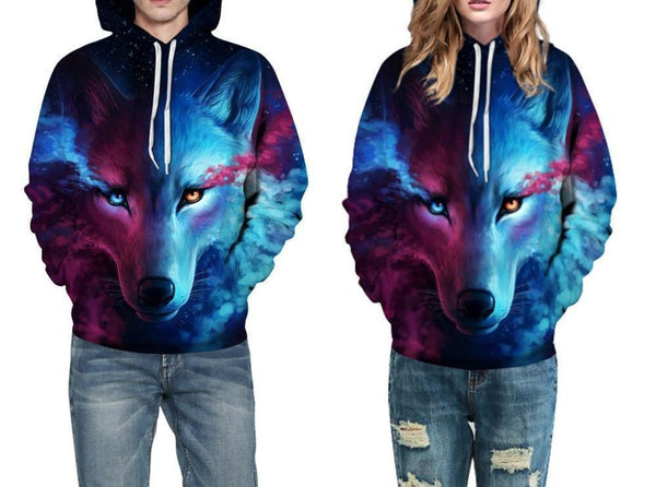 Unisex Couples Lovers 3D Sky Wolf Print Loose Hoodies